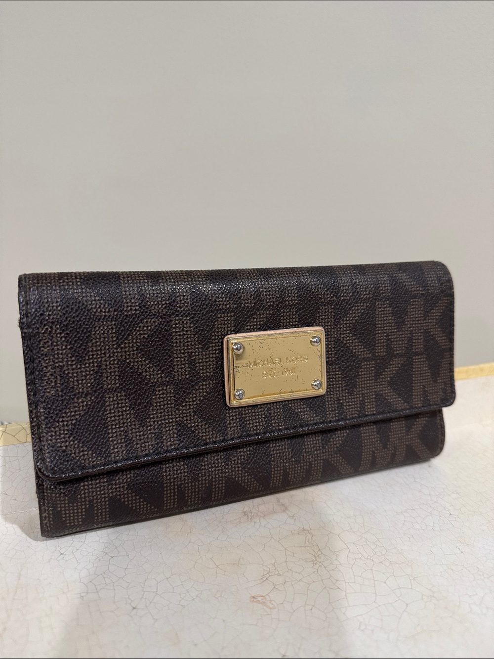 Michael Kors Dark Brown Logo Flap Continental Wallet with Gold Plaque